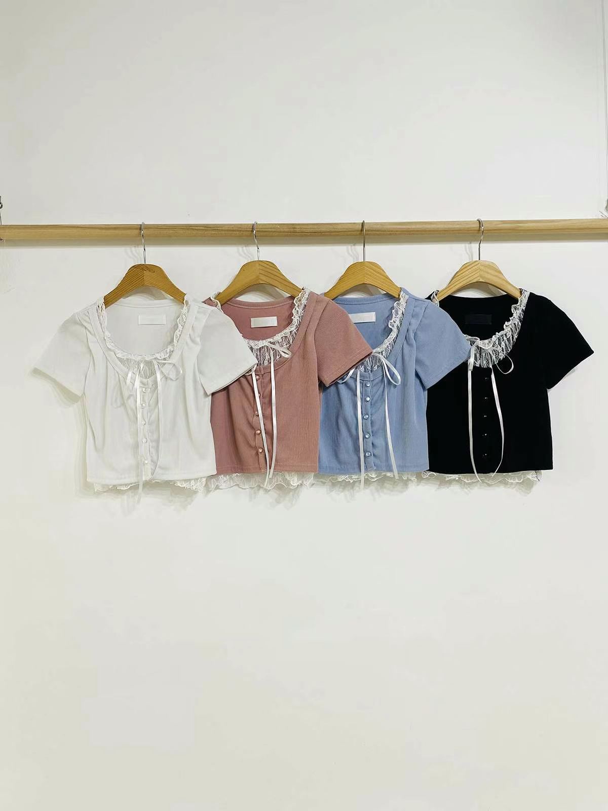 \可愛Lace邊層次感/綁結假兩件Top