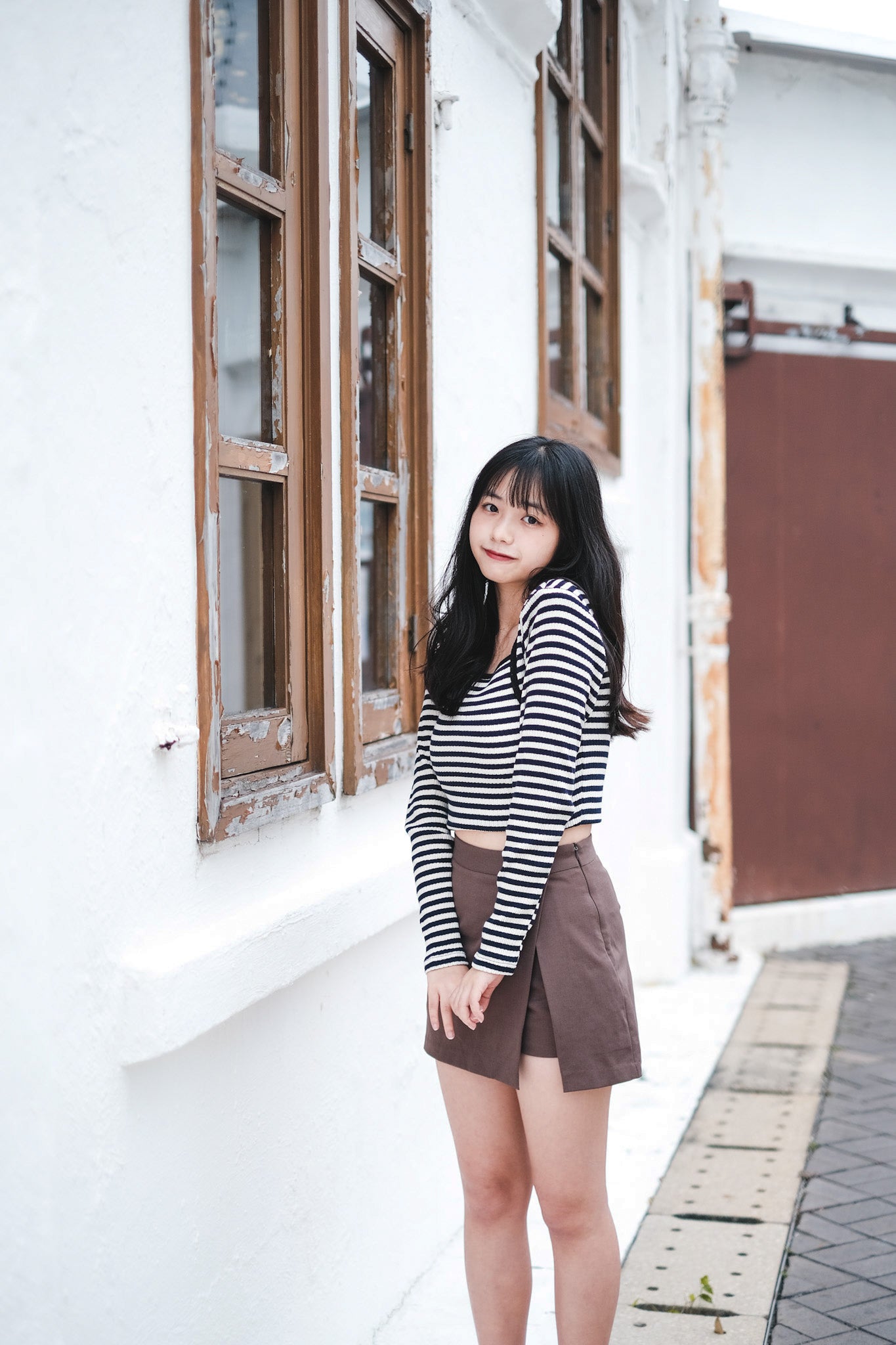 \連墊肩/ 間條方領Top
