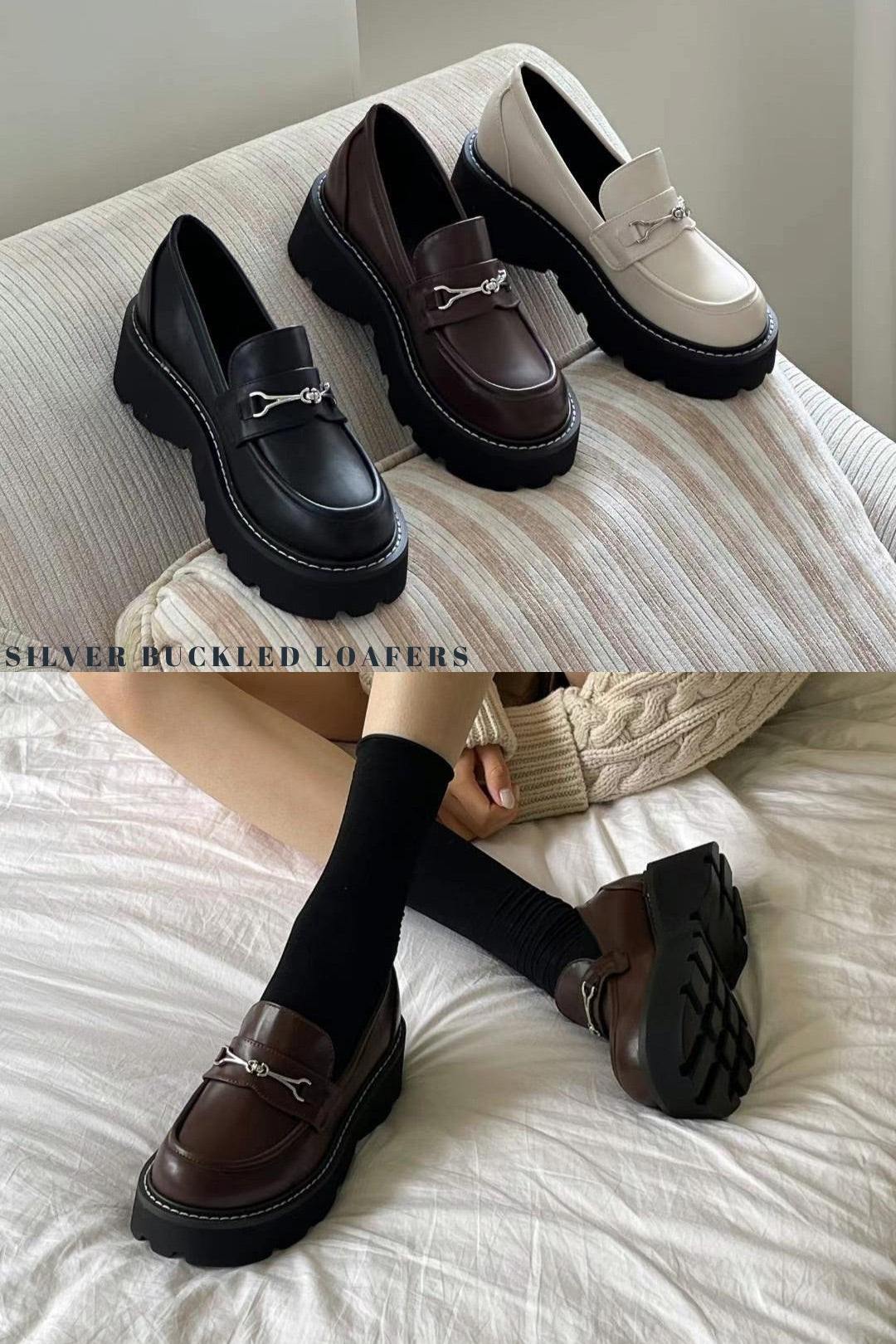 增高5cm👞 Silver Buckled Loafers