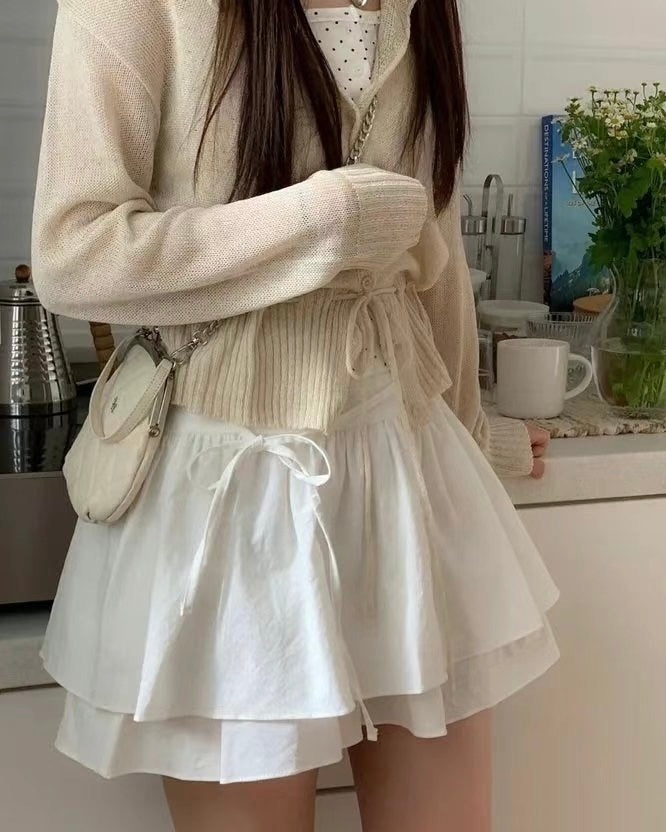 \甜美小清新/ 雙層疊布綁結短裙