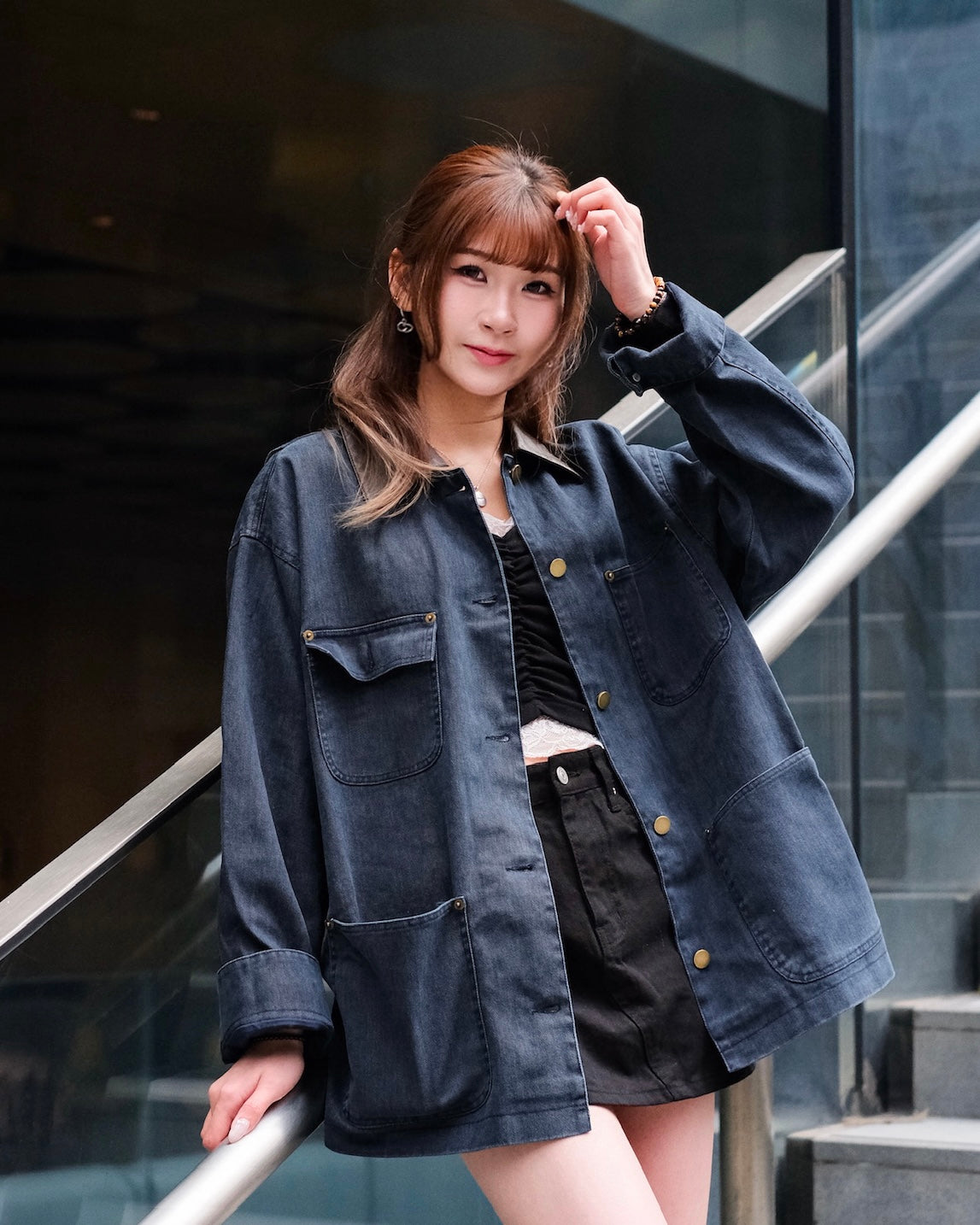 [現貨] \Premium Series/ 皮革領口牛仔拼布外套