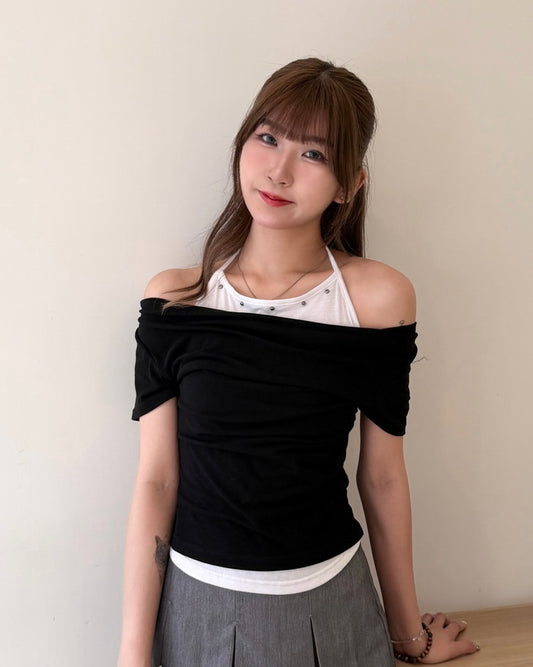 [預訂] \個性銀鈕假兩件/ Silver Ring Drape Top