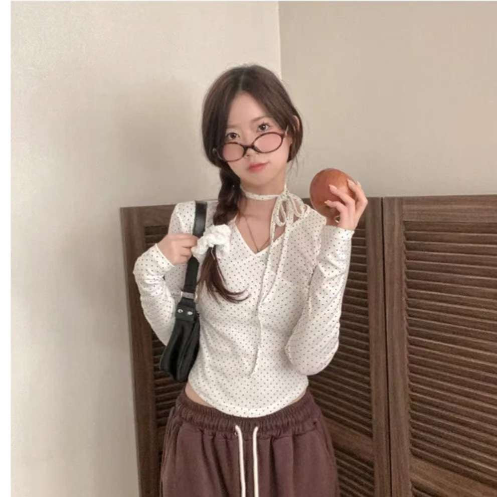 [預訂] \附頸帶/ 波點疊布長袖Top