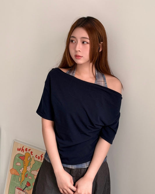 [現貨] \層次格仔Layer/ 掛頸假兩件Top