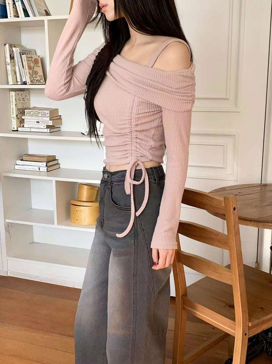 [預訂] \簡單氣質/ 單邊束繩露肩Top