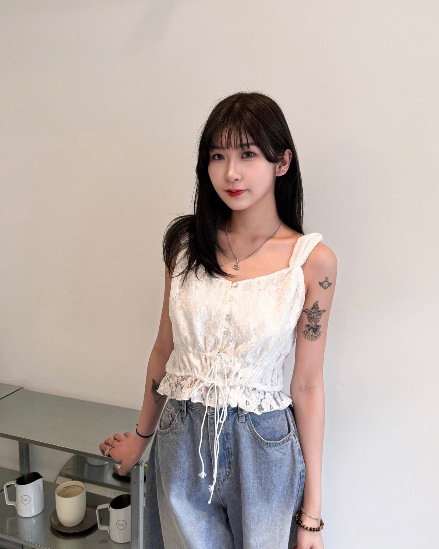 \立體花花刺繡/ Lace綁帶收腰Top