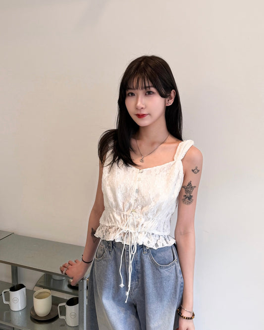 \立體花花刺繡/ Lace綁帶收腰Top