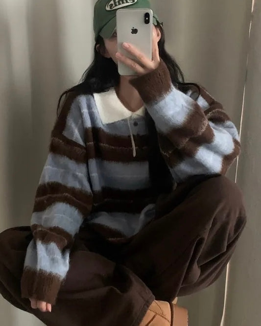 [預訂] \韓網大熱/ 海馬毛間條混色冷衫