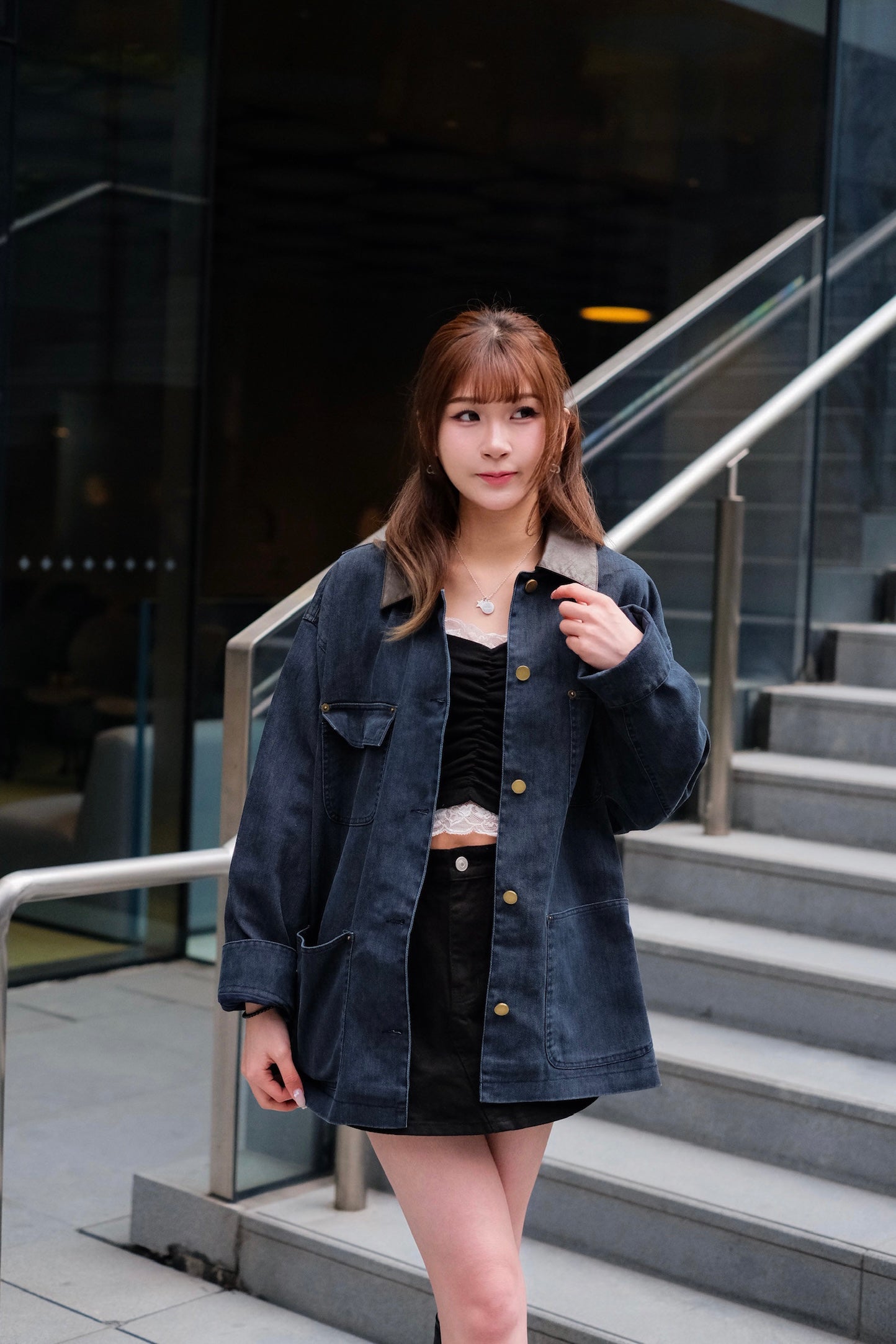 [現貨] \Premium Series/ 皮革領口牛仔拼布外套