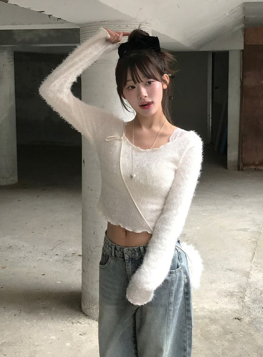 [預訂] \2Ways正反兩穿/ 溫柔毛毛綁結Top