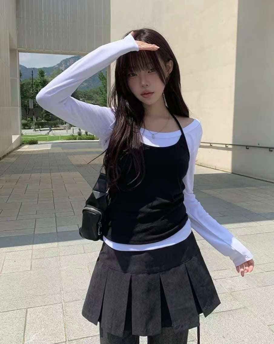 [預訂] 幼帶掛頸疊布Top