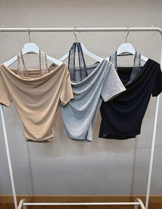 [現貨] \層次格仔Layer/ 掛頸假兩件Top