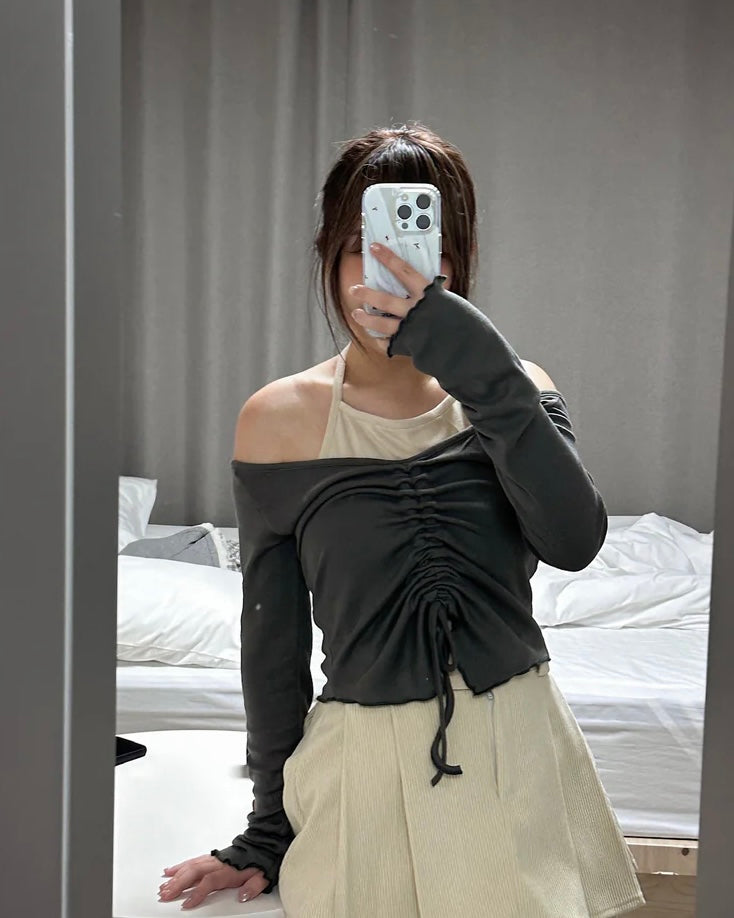 [現貨] \超美拼色+打卡able/ 簡單束繩皺皺Top