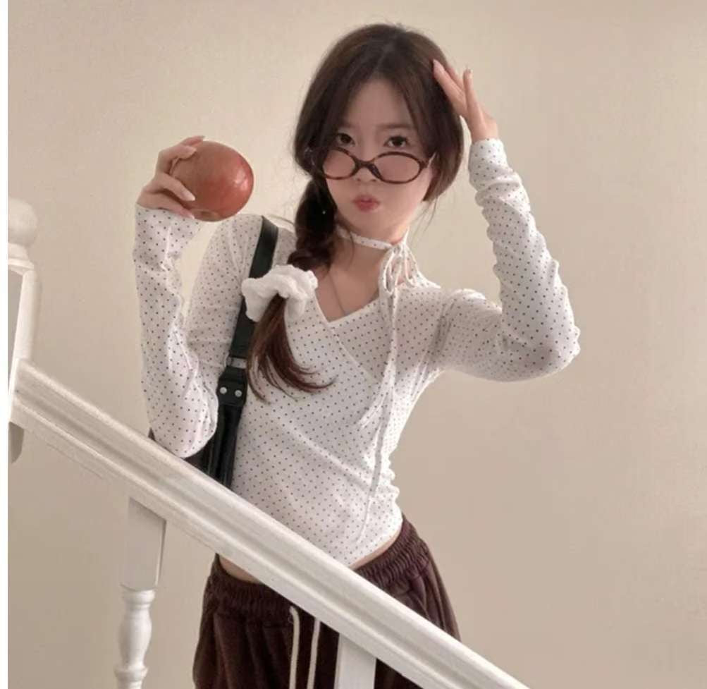 [預訂] \附頸帶/ 波點疊布長袖Top