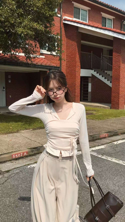 [預訂] \優雅知性美/ 假兩件束胸綁結Top