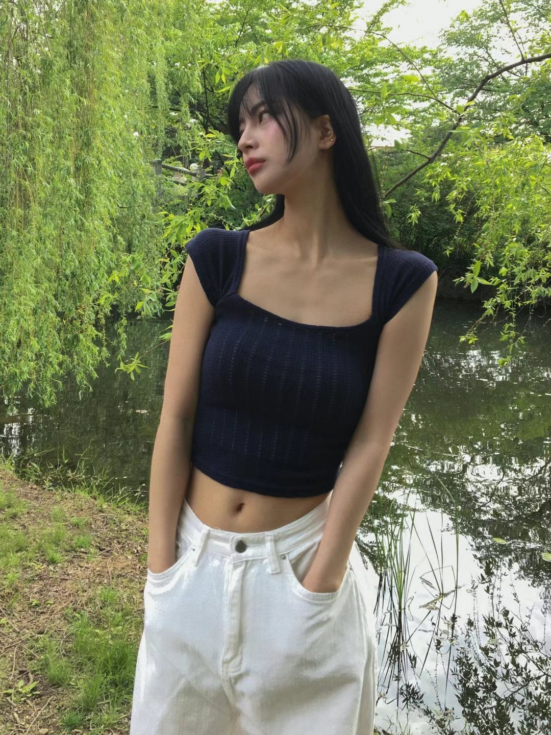 \氣質通花/ 小飛袖大方領Top