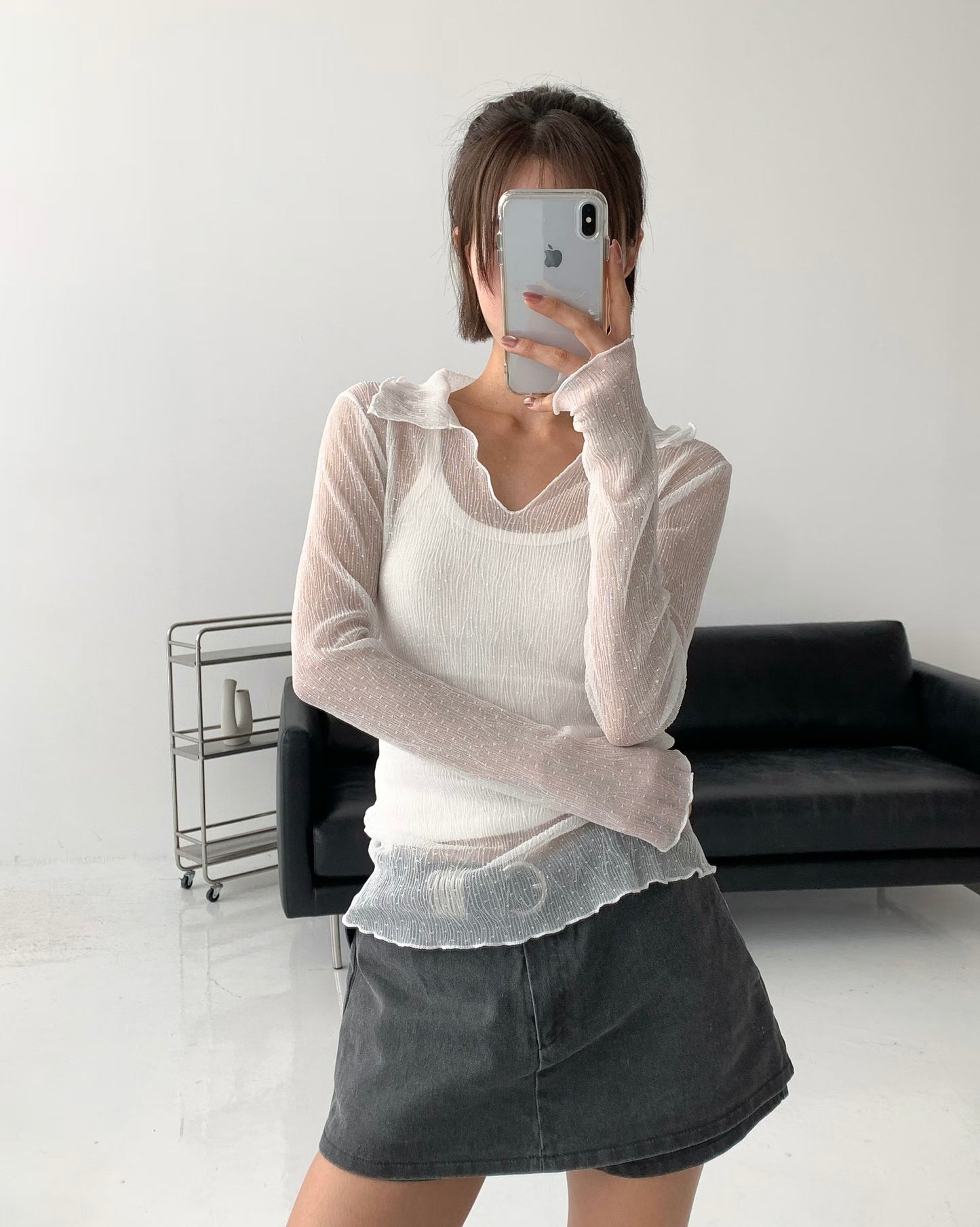 [現貨] \仙氣樹紋皺皺/ 細緻波點透紗Top