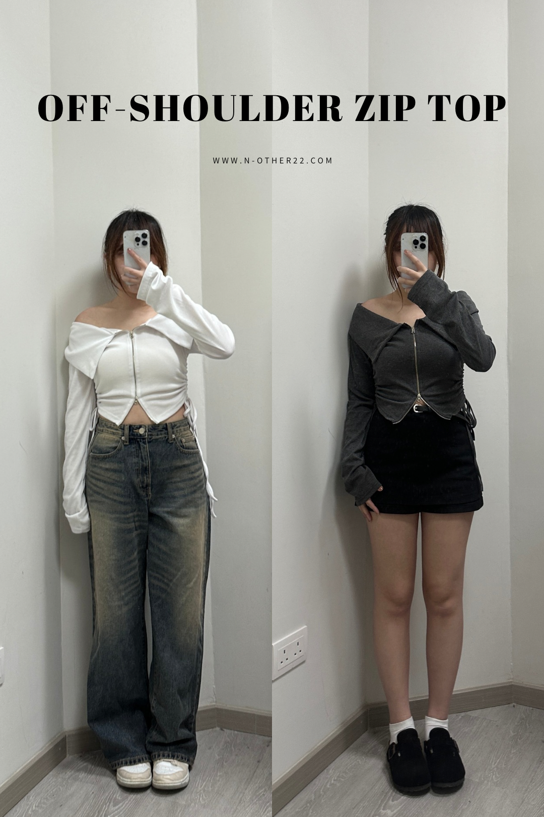 [現貨] \側綁繩反領設計/ Off-Shoulder Zip Top