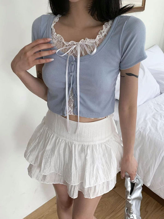 [預訂] \可愛Lace邊層次感/綁結假兩件Top