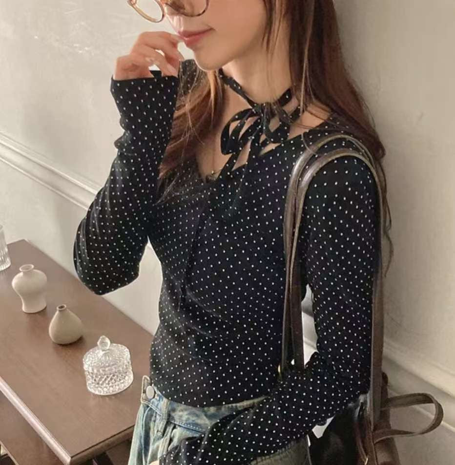 [預訂] \附頸帶/ 波點疊布長袖Top