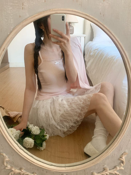 [預訂] \溫柔感～/ Lace邊點綴背心Set