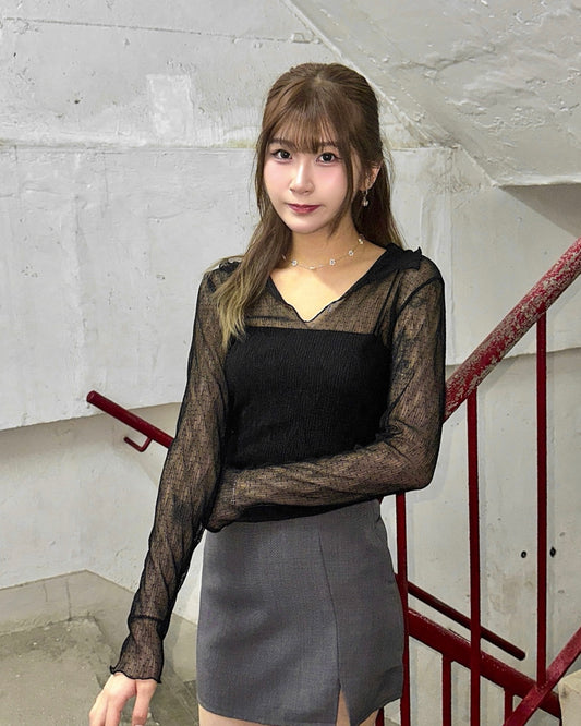 [現貨] \仙氣樹紋皺皺/ 細緻波點透紗Top