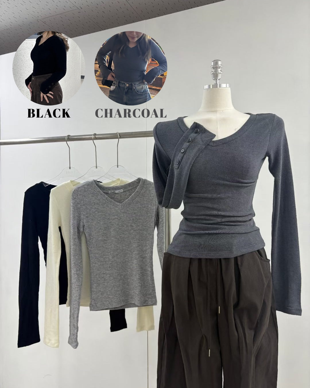 [現貨] \特別袖口扣鈕點綴/ 型格V領Top