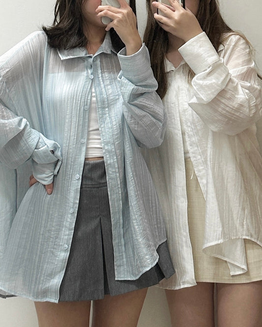 [現貨] \雲霧空氣感/ 寛鬆直紋透膚恤衫