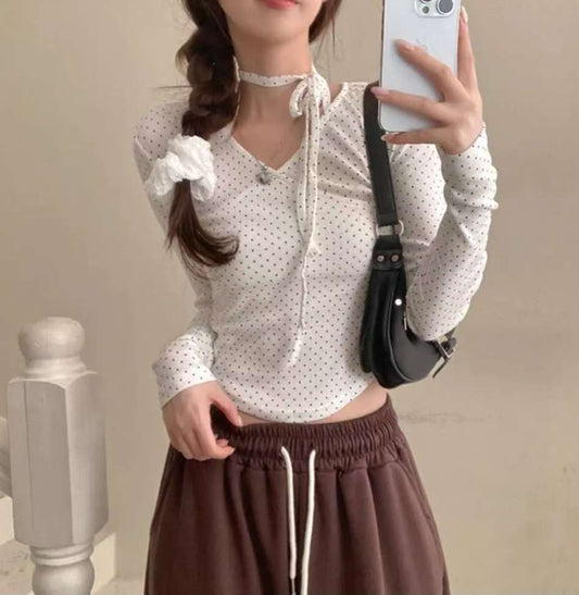 [預訂] \附頸帶/ 波點疊布長袖Top
