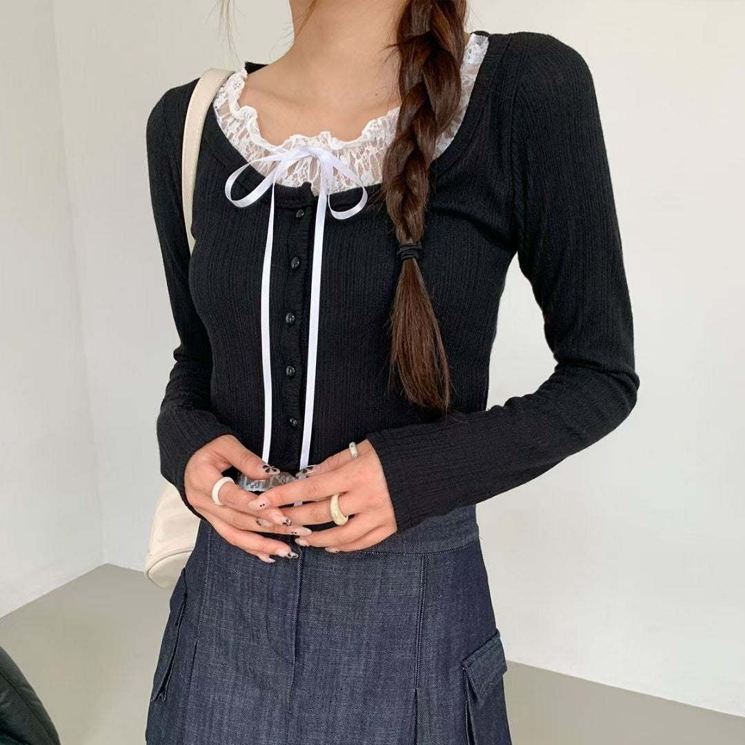 [預訂] \可愛層次感/ Lace內搭+絲帶綁結Set