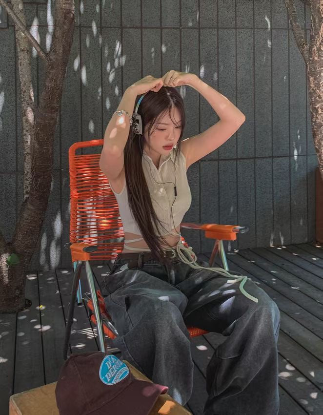\獨特綁腰設計/ 型格羅紋排扣Polo背心