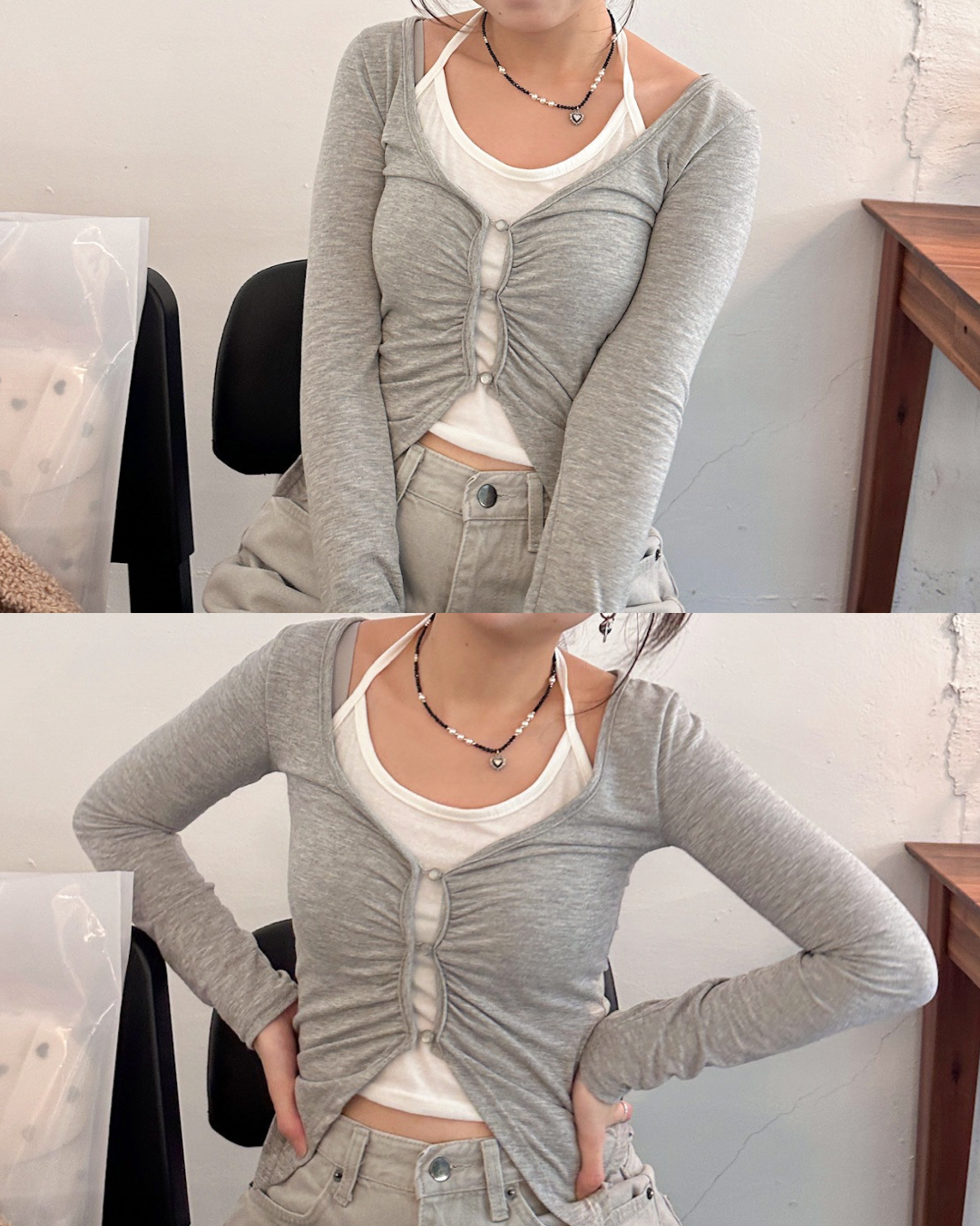 [預訂] \貓眼扣鈕點綴/ Blokette Wrinkled Top