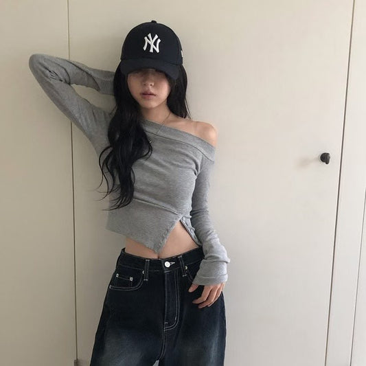 [預訂] \顯瘦修腰鈕扣/ 簡約混紋斜膊Top