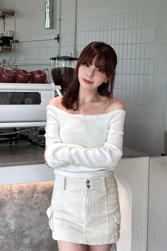 \暖笠笠2Ways上衣/ Fuzzy Off-Shoulder/Square Neck Top