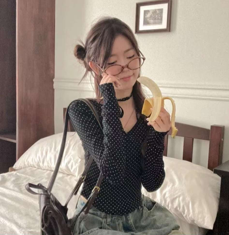 [預訂] \附頸帶/ 波點疊布長袖Top