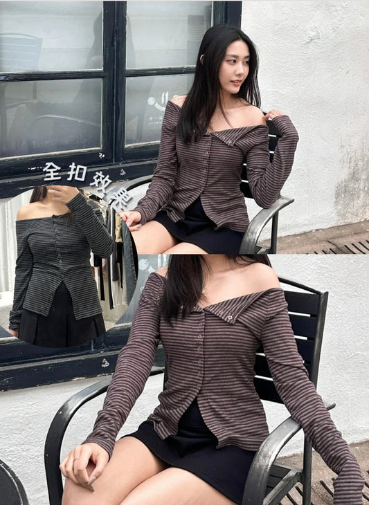 [現貨] \簡單氣質款+實物超美/ 微絨間條排扣Top